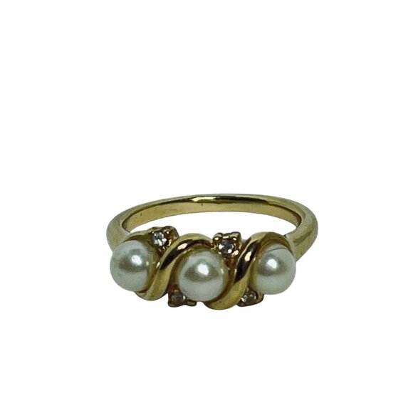 Vintage Gold Tone Ring With Faux Pearls & Rhinestones (R388) - Picture 5 of 6